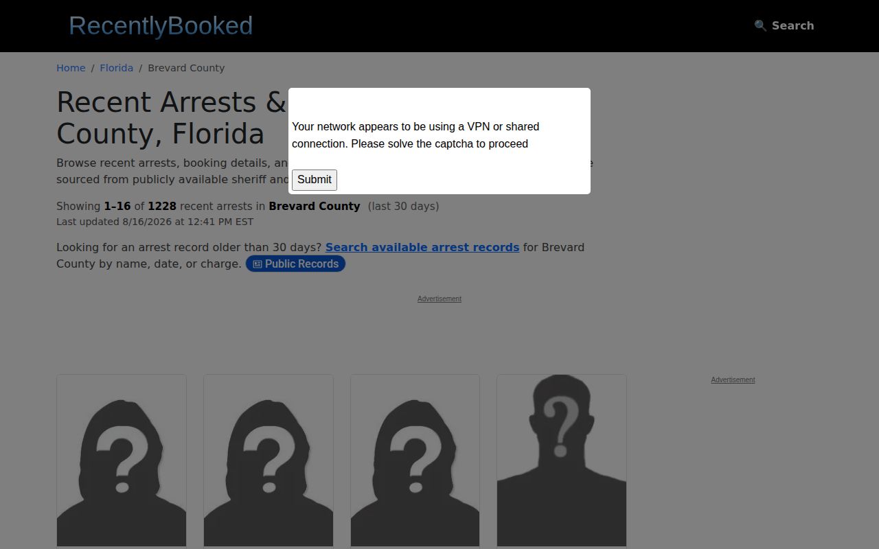 Unofficial Recently Booked Brevard County arrest index