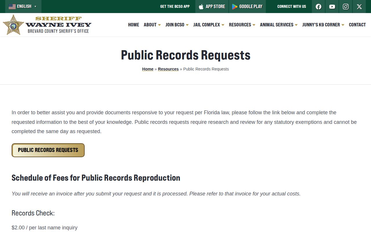 Brevard County booking record and mugshot request policy