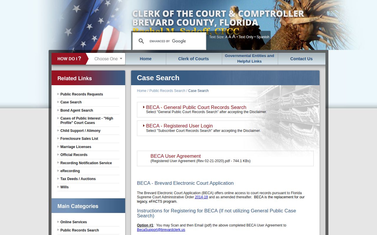 Brevard County Clerk court case and disposition search gateway