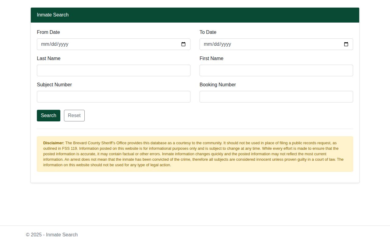 Official Brevard County jail roster and booking search fields