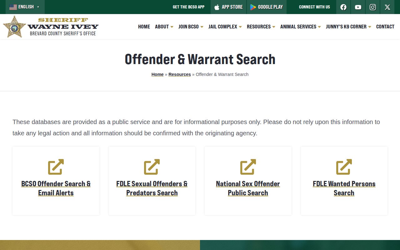 Brevard County official offender and warrant search gateway